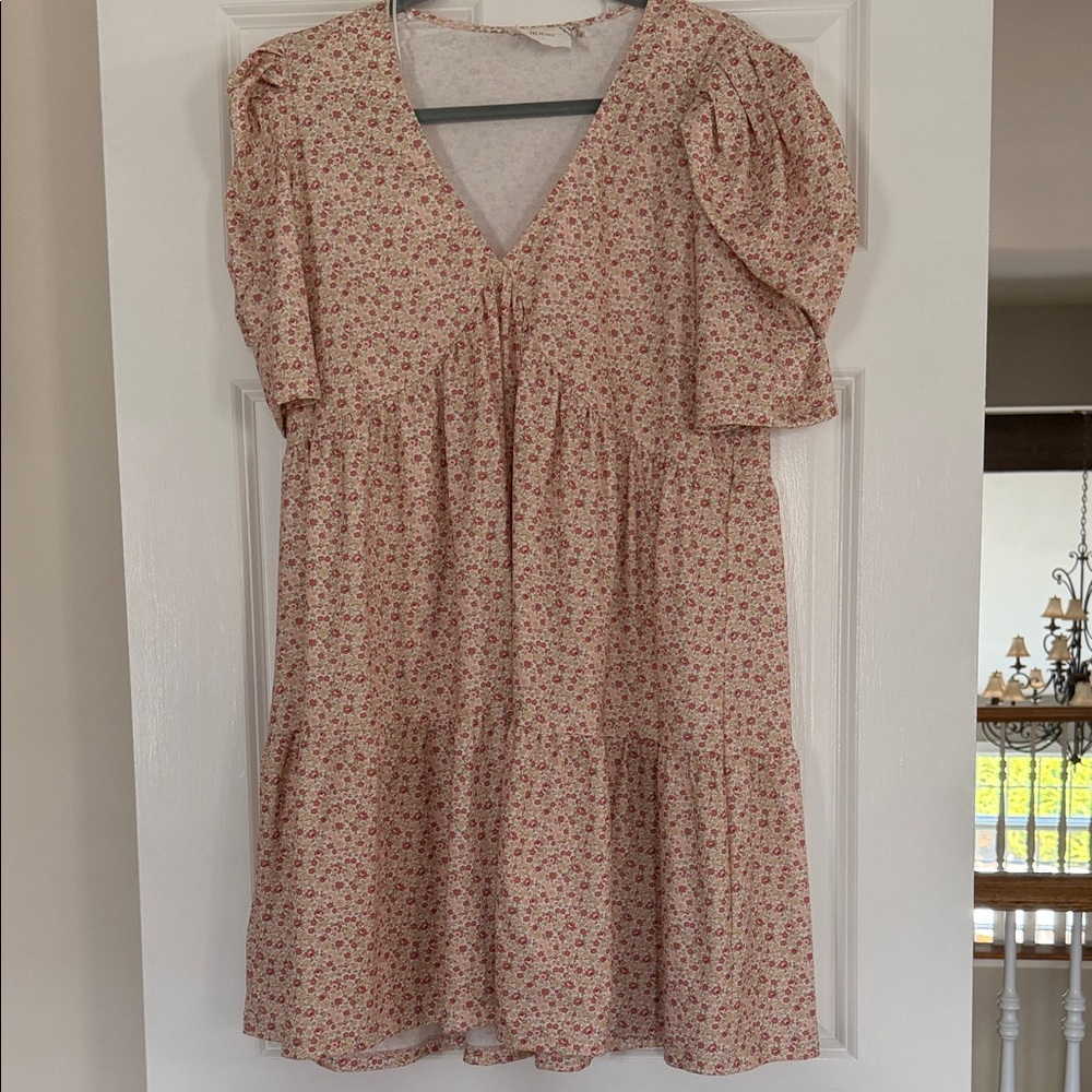 Puff-Sleeve V-Neck Mini Dress in Pink Cream Floral